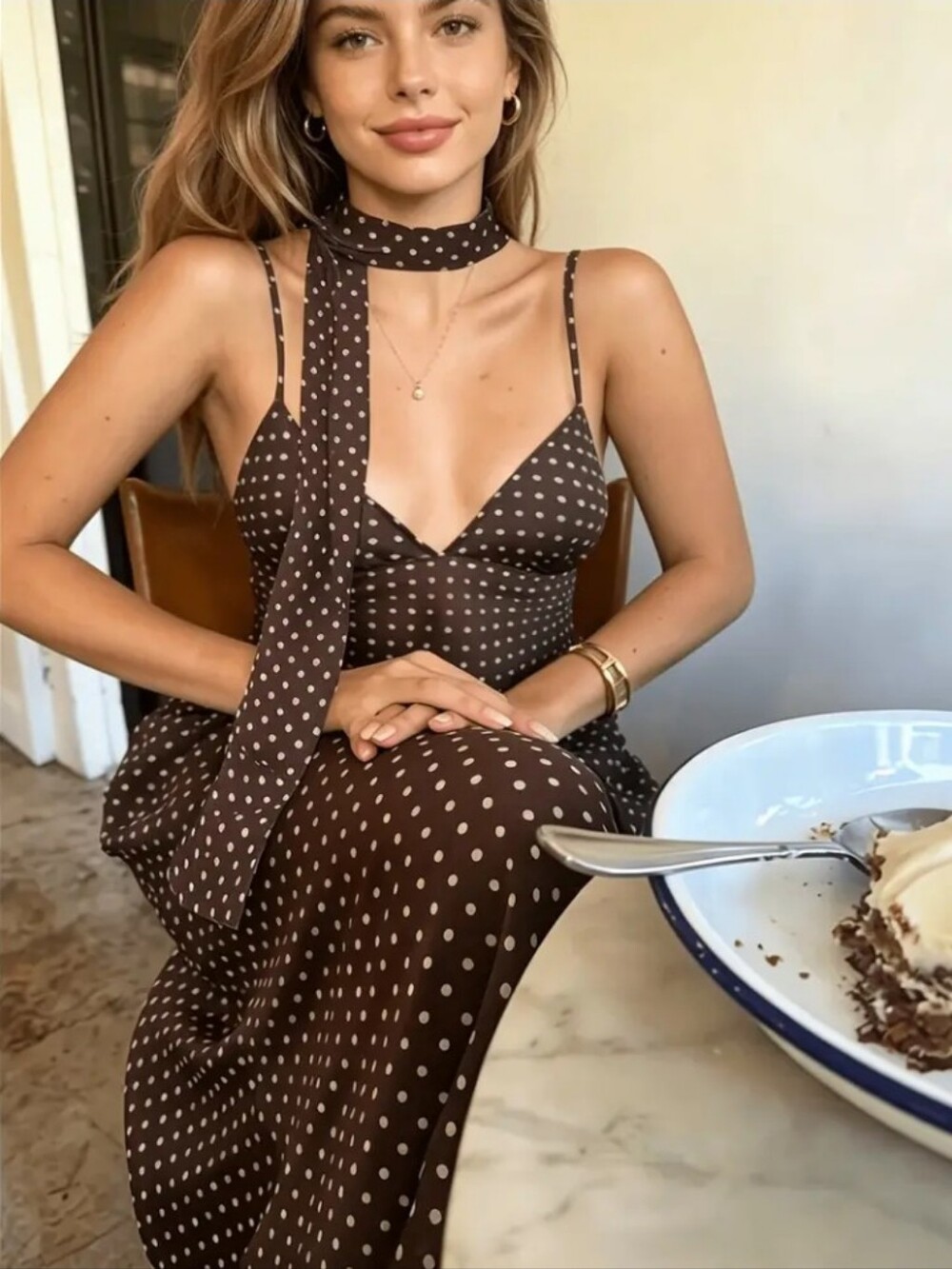 Women'S Polka Dot Print Backless Strap Dress
